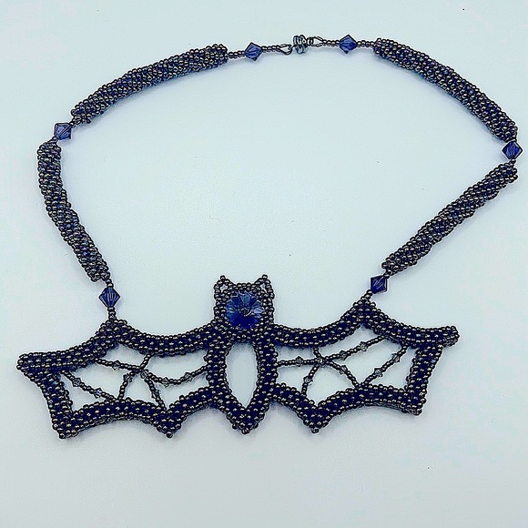 CandyO Jewelry - Halloween 🎃 One Of A Kind Bat 🦇 Necklace Beaded Choker Swarovski Crystal head